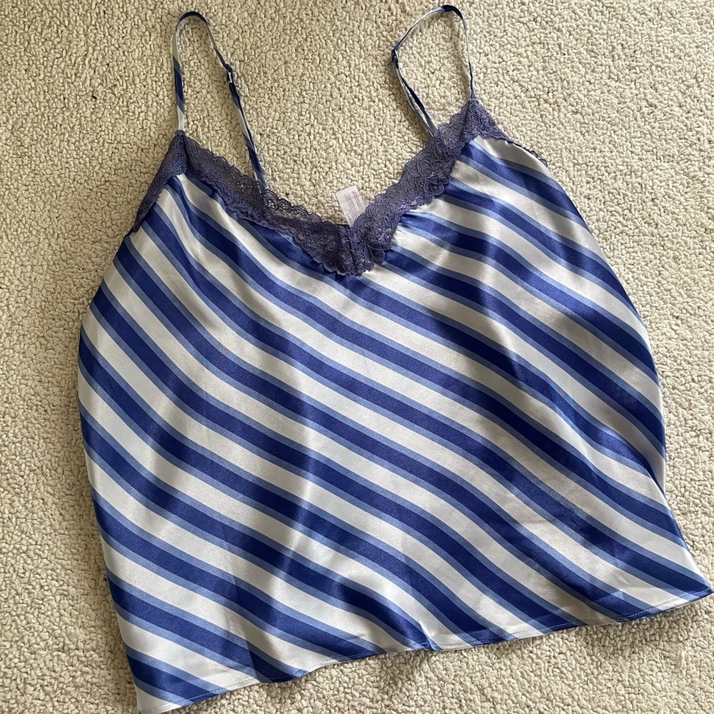 Secret Treasures Blue and White babydoll satin retro Striped with Purple Lace - Picture 6 of 9